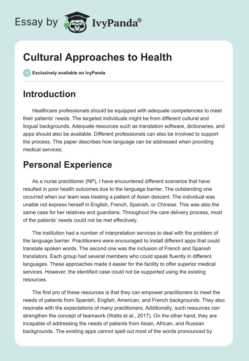 Cultural Approaches to Health. Page 1