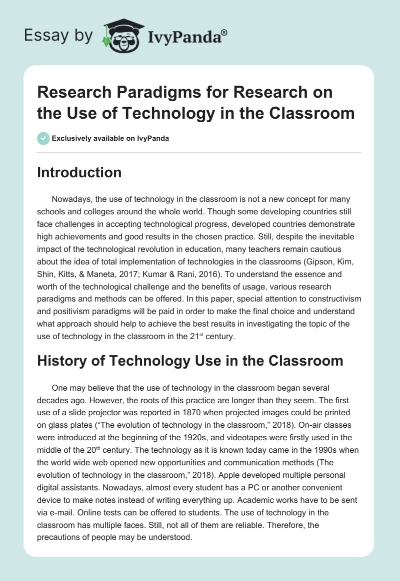 Research Paradigms for Research on the Use of Technology in the Classroom. Page 1