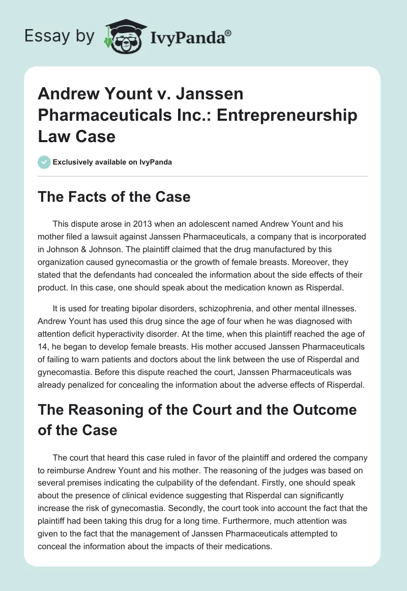 Andrew Yount v. Janssen Pharmaceuticals Inc.: Entrepreneurship Law Case. Page 1