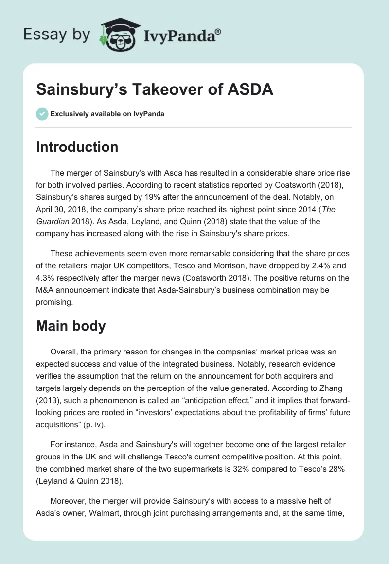 Sainsbury’s Takeover of ASDA. Page 1
