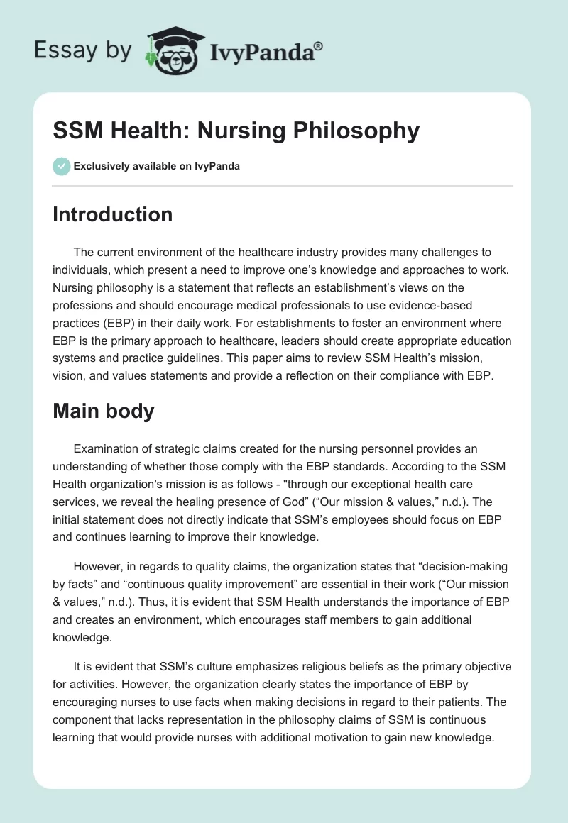 SSM Health: Nursing Philosophy. Page 1