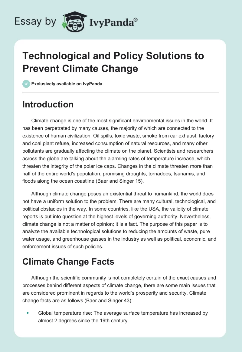 Technological and Policy Solutions to Prevent Climate Change. Page 1