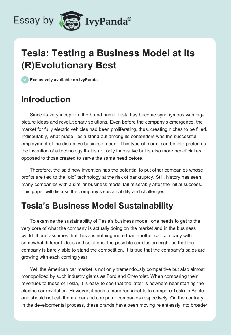 Tesla: Testing a Business Model at Its (R)Evolutionary Best. Page 1