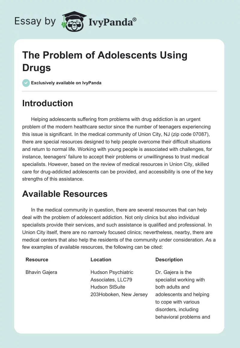 The Problem of Adolescents Using Drugs. Page 1