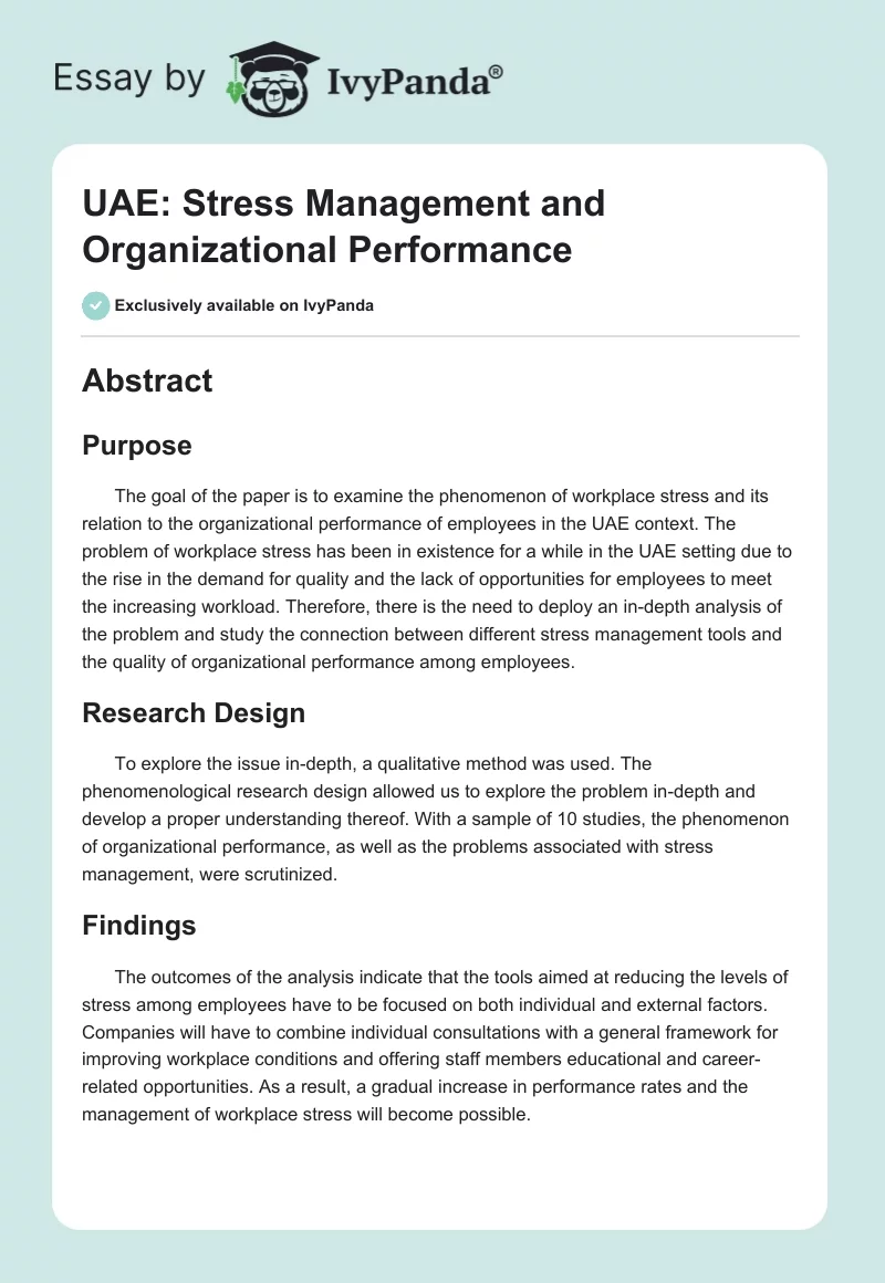 UAE: Stress Management and Organizational Performance. Page 1