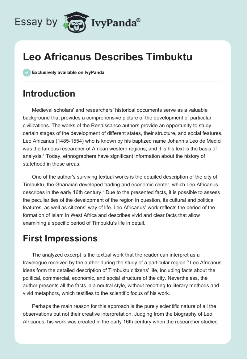 Leo Africanus Describes Timbuktu. Page 1