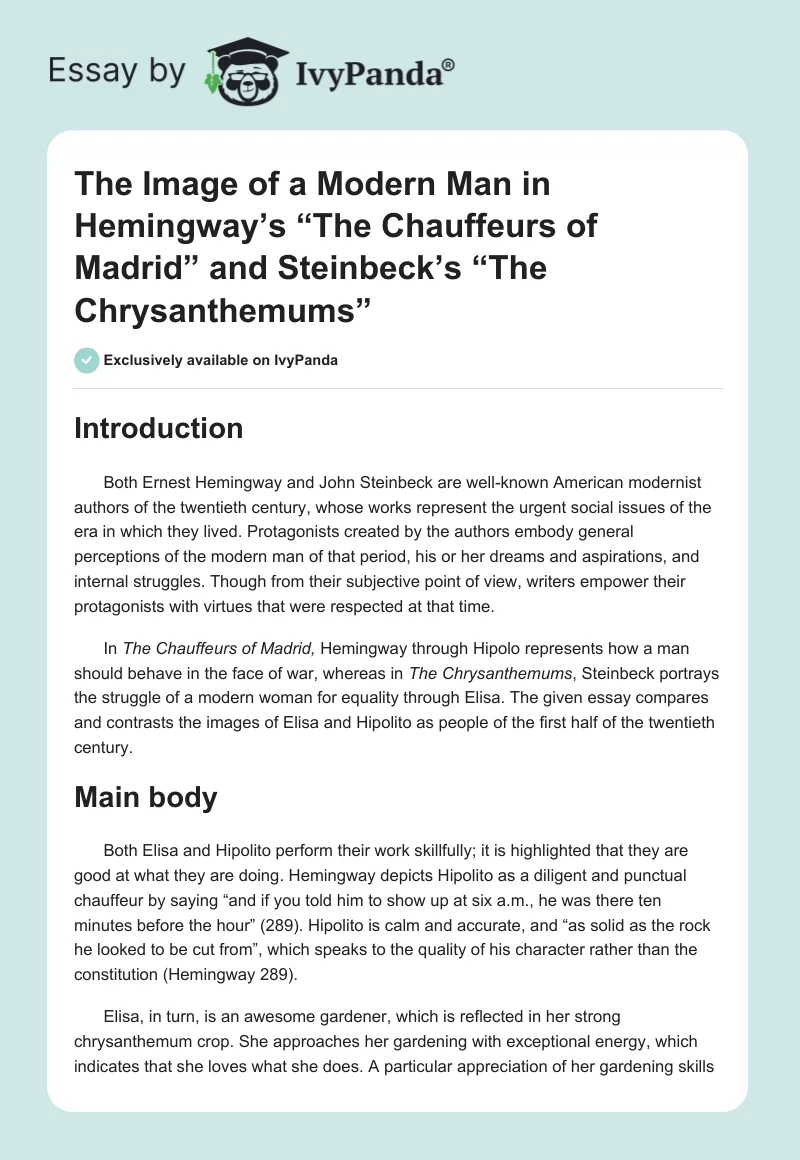The Image of a Modern Man in Hemingway’s “The Chauffeurs of Madrid” and Steinbeck’s “The Chrysanthemums”. Page 1
