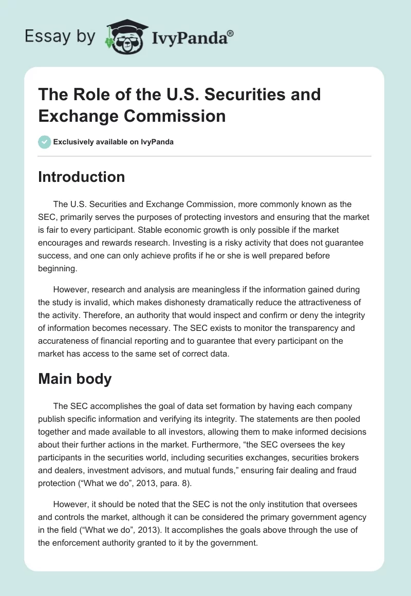 The Role of the U.S. Securities and Exchange Commission. Page 1
