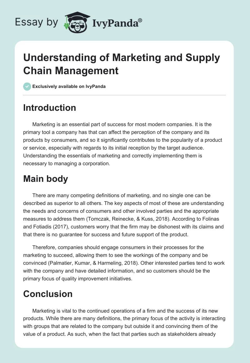 Understanding of Marketing and Supply Chain Management. Page 1