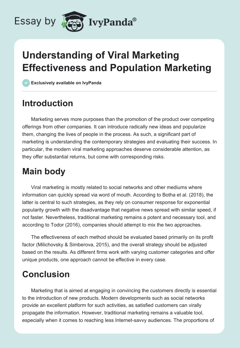 Understanding of Viral Marketing Effectiveness and Population Marketing. Page 1