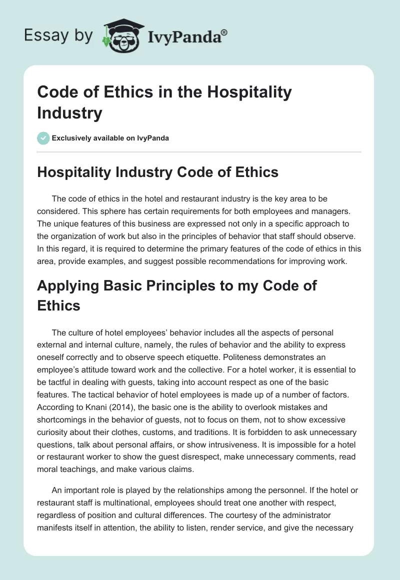 Code of Ethics in the Hospitality Industry. Page 1