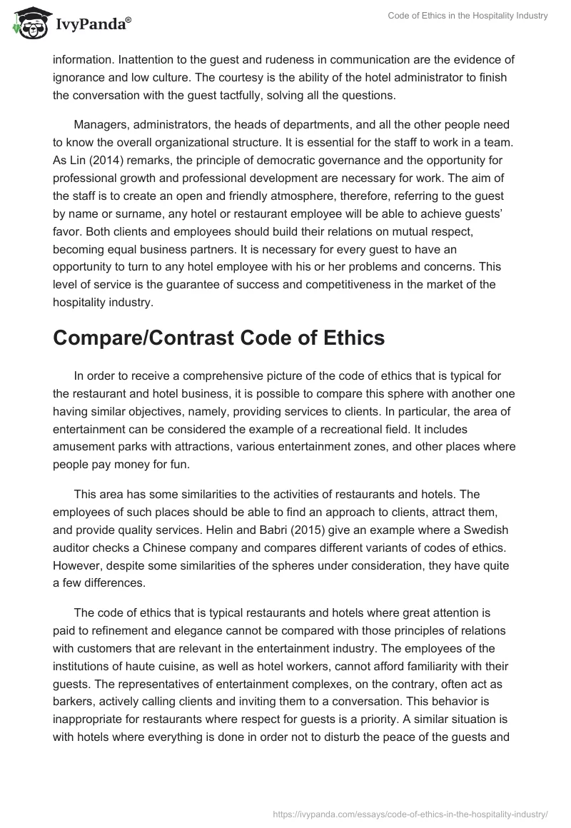 Code of Ethics in the Hospitality Industry. Page 2