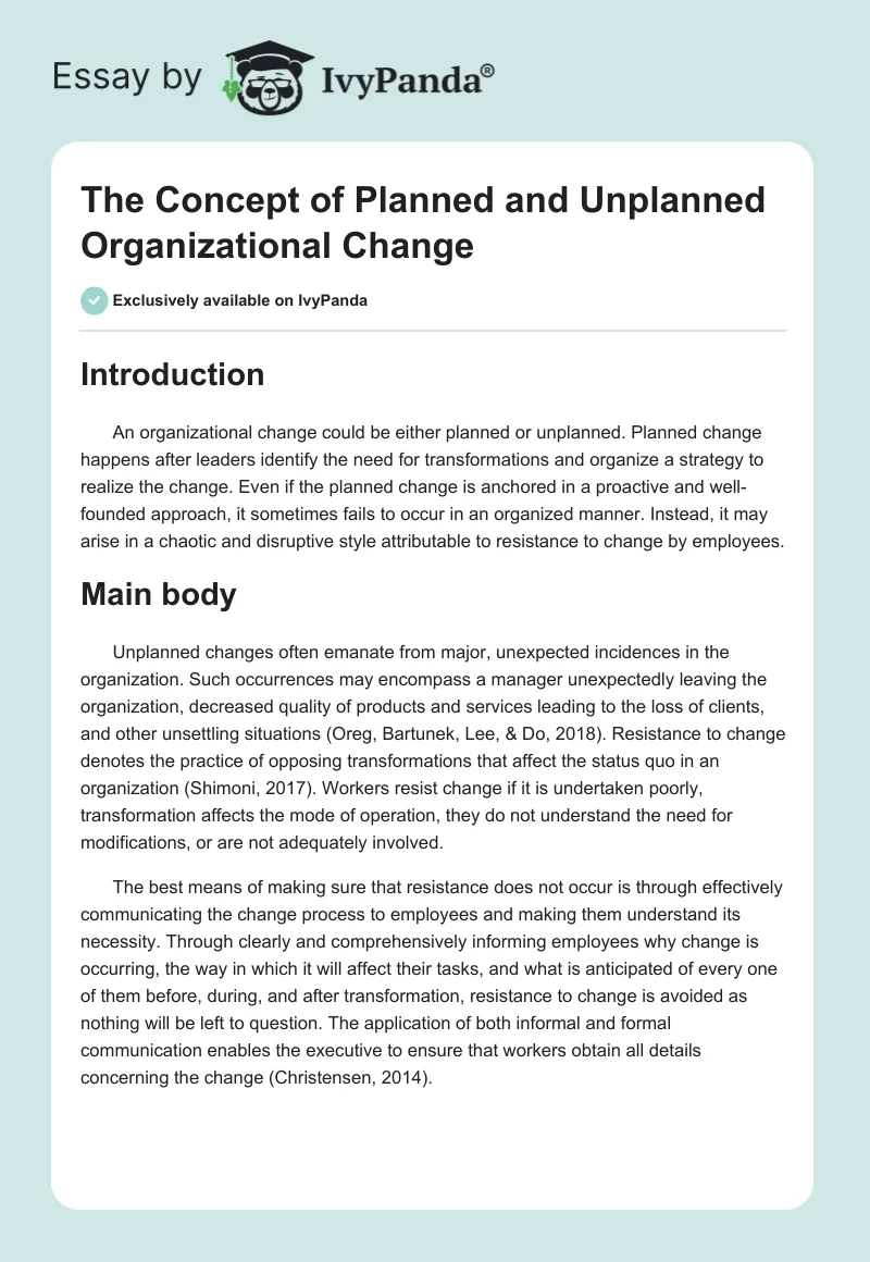 The Concept of Planned and Unplanned Organizational Change. Page 1