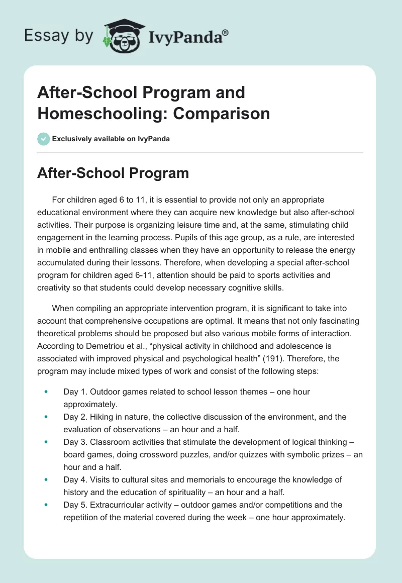 After-School Program and Homeschooling: Comparison. Page 1