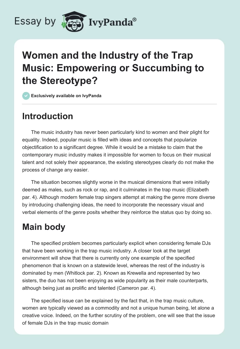Women and the Industry of the Trap Music: Empowering or Succumbing to the Stereotype?. Page 1