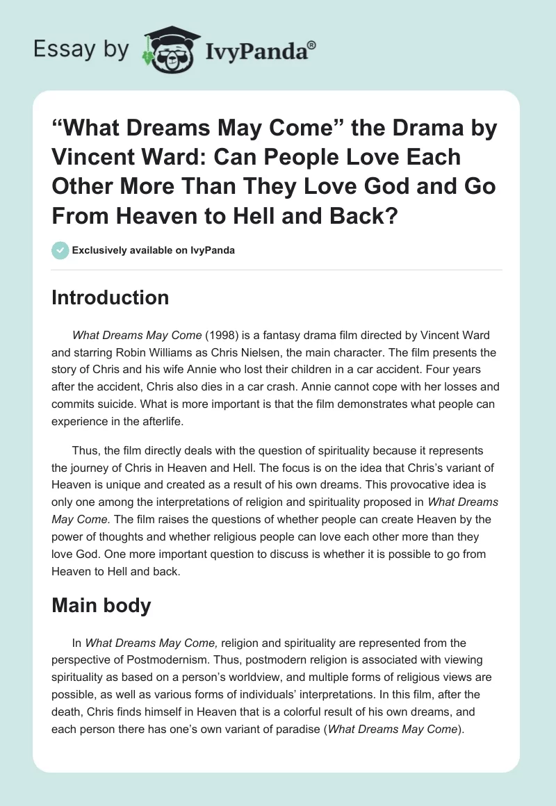 “What Dreams May Come” the Drama by Vincent Ward: Can People Love Each Other More Than They Love God and Go From Heaven to Hell and Back?. Page 1