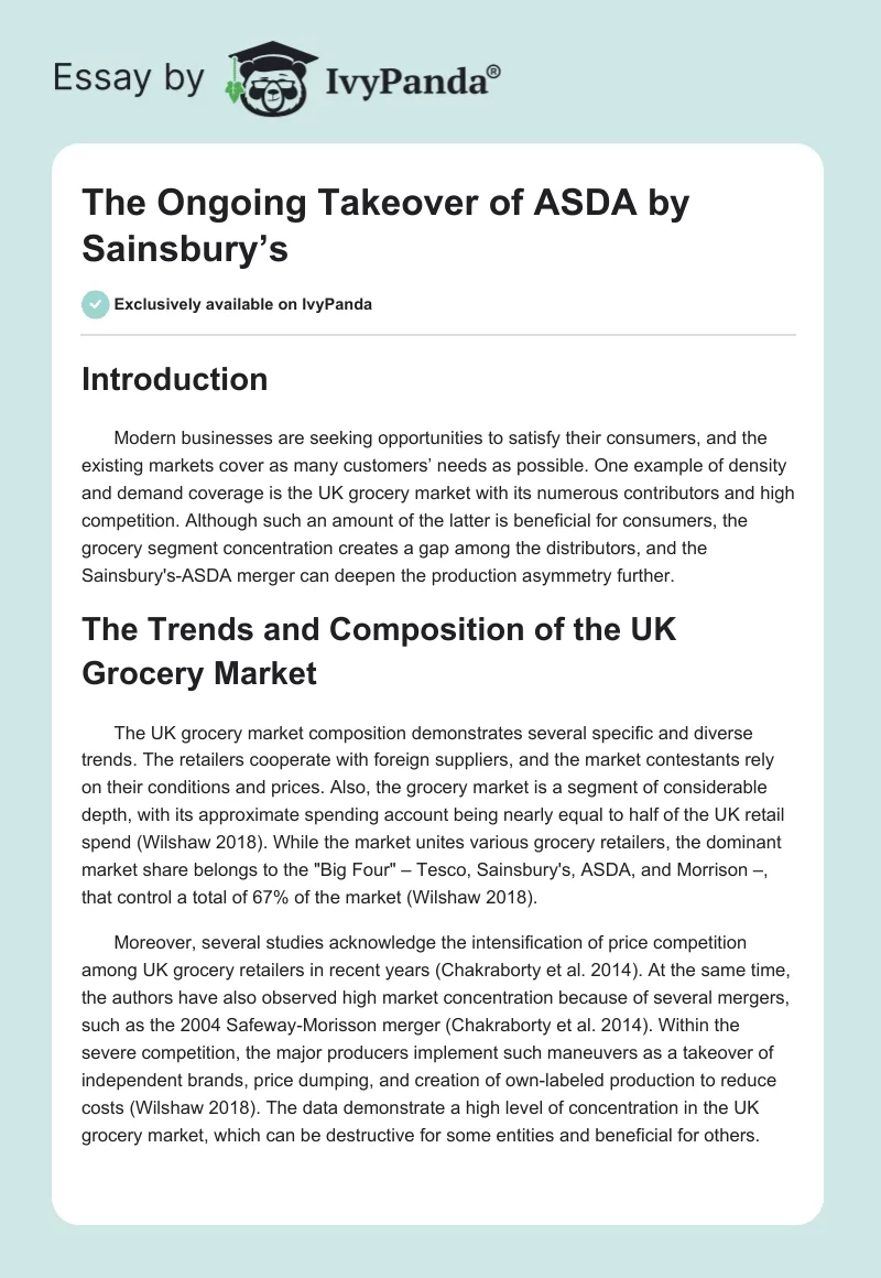 The Ongoing Takeover of ASDA by Sainsbury’s. Page 1