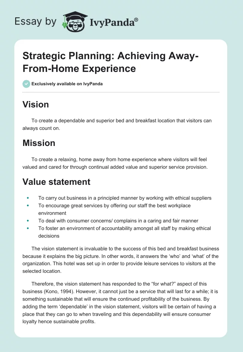 Strategic Planning: Achieving Away-From-Home Experience. Page 1