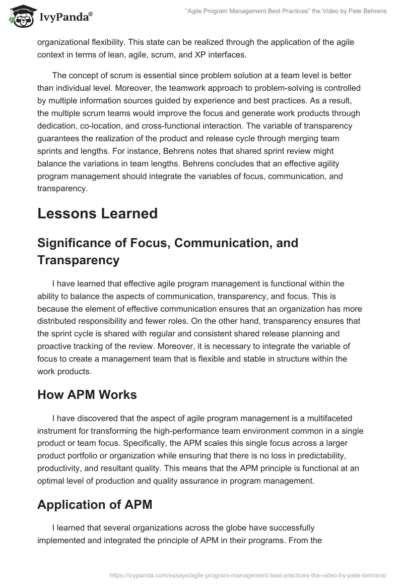 “Agile Program Management Best Practices” the Video by Pete Behrens. Page 2