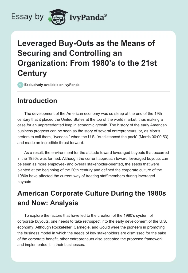 Leveraged Buy-Outs as the Means of Securing and Controlling an Organization: From 1980’s to the 21st Century. Page 1