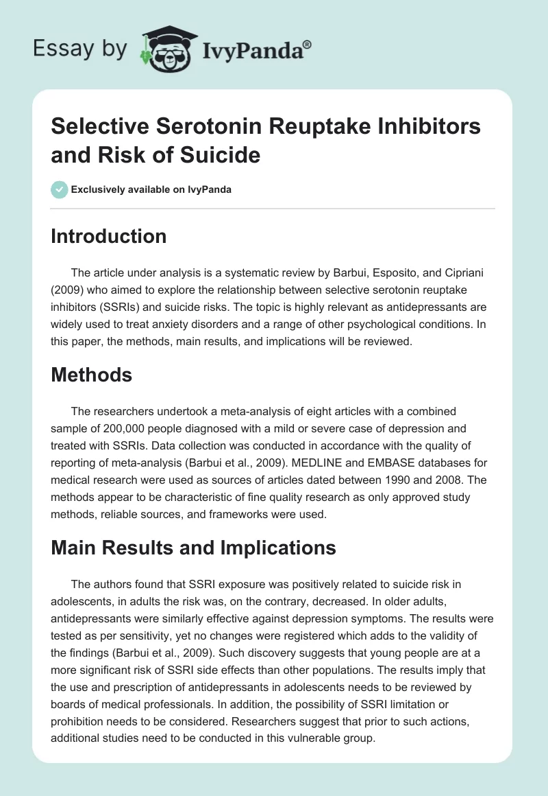 Selective Serotonin Reuptake Inhibitors and Risk of Suicide. Page 1