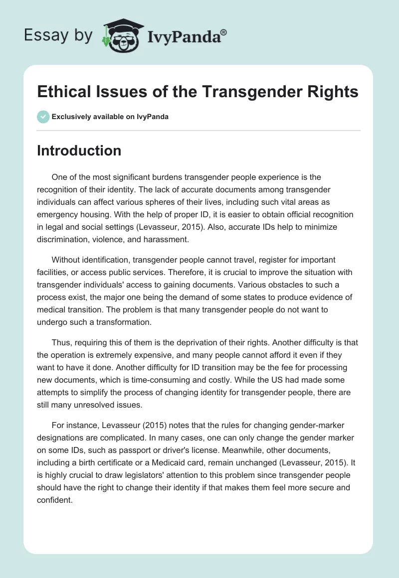 Ethical Issues of the Transgender Rights. Page 1