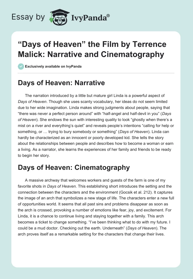 “Days of Heaven” the Film by Terrence Malick: Narrative and Cinematography. Page 1