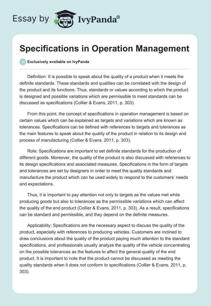 Specifications in Operation Management. Page 1