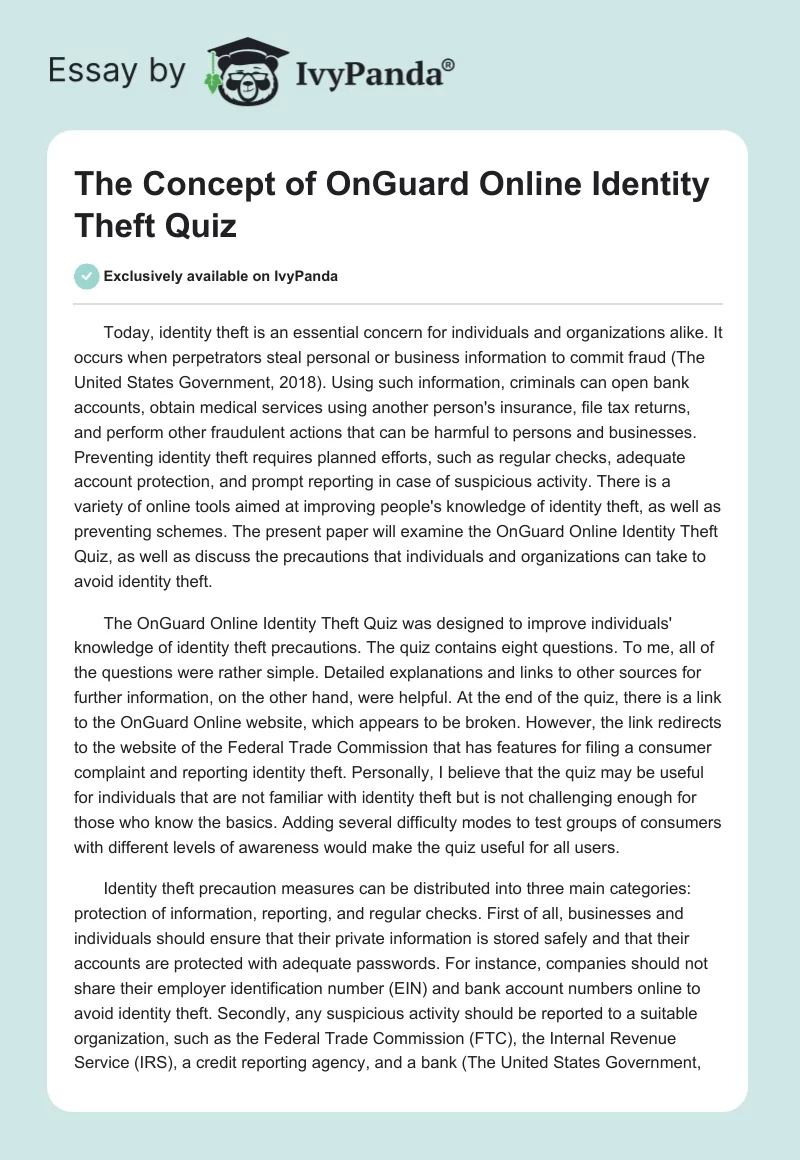 The Concept of OnGuard Online Identity Theft Quiz. Page 1