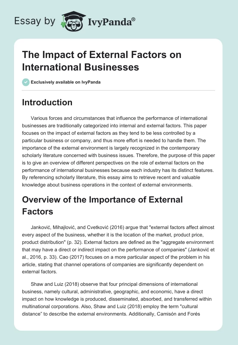 The Impact of External Factors on International Businesses. Page 1
