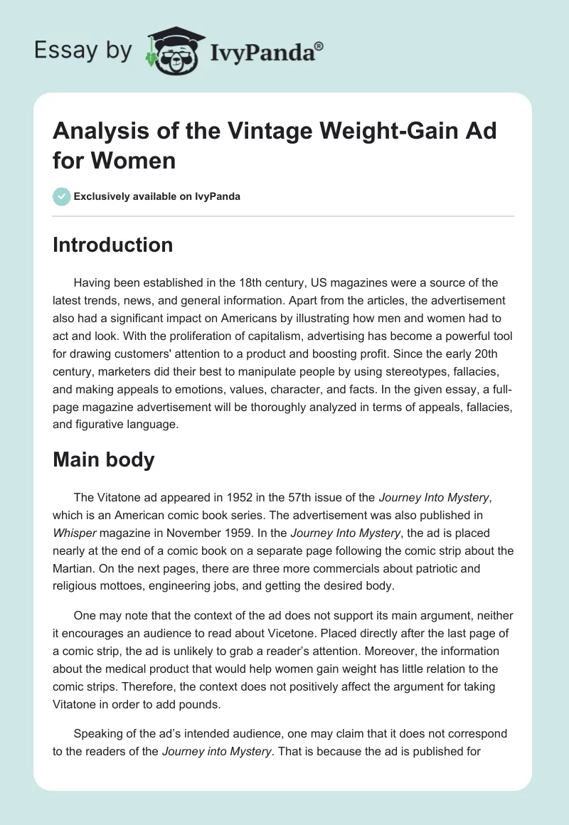 Analysis of the Vintage Weight-Gain Ad for Women. Page 1