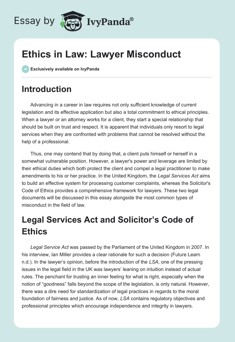 Ethics in Law: Lawyer Misconduct. Page 1