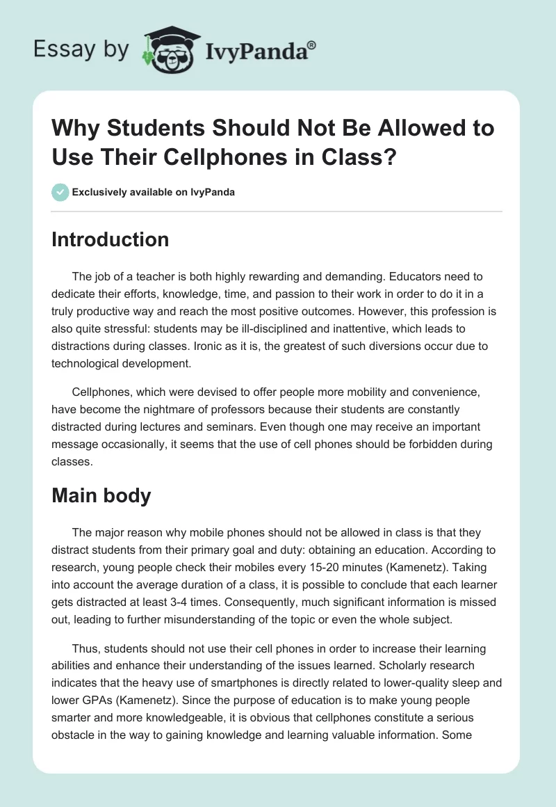 Why Students Should Not Be Allowed to Use Their Cellphones in Class?. Page 1