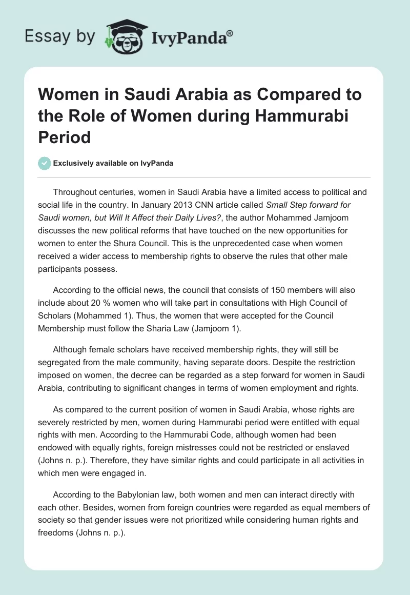 Women in Saudi Arabia as Compared to the Role of Women During Hammurabi Period. Page 1