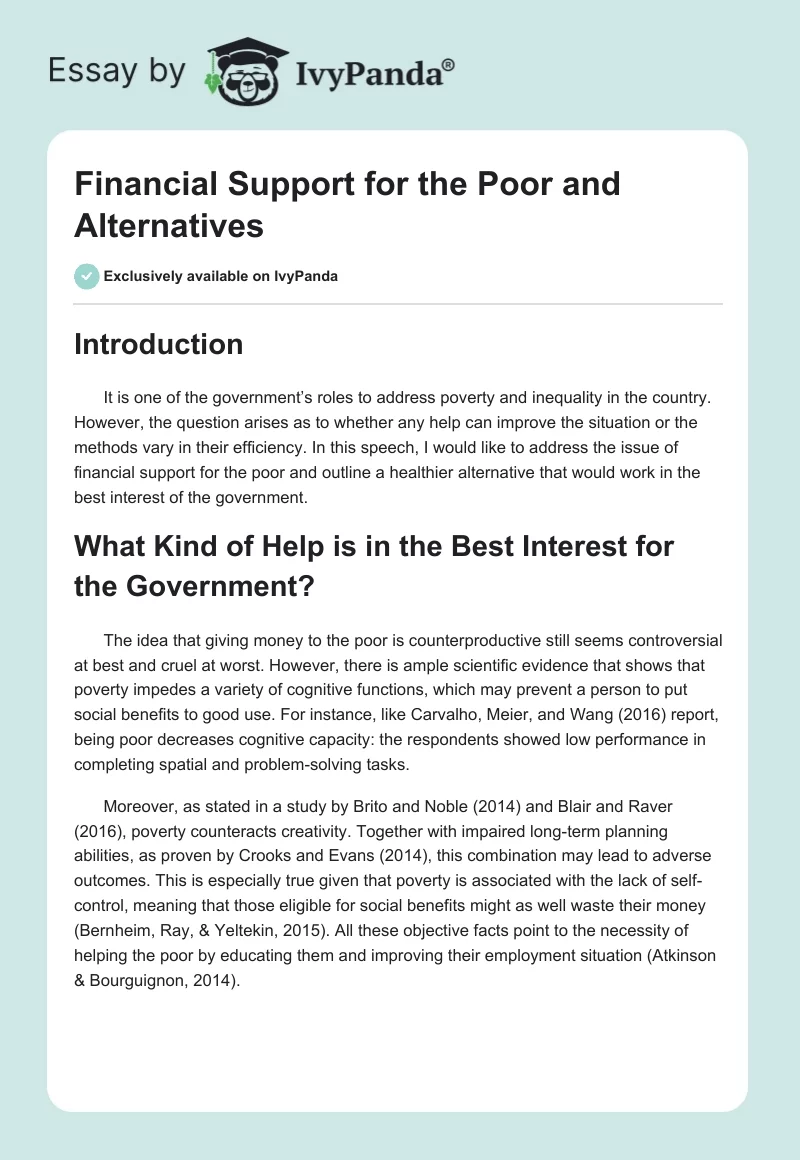 Financial Support for the Poor and Alternatives. Page 1
