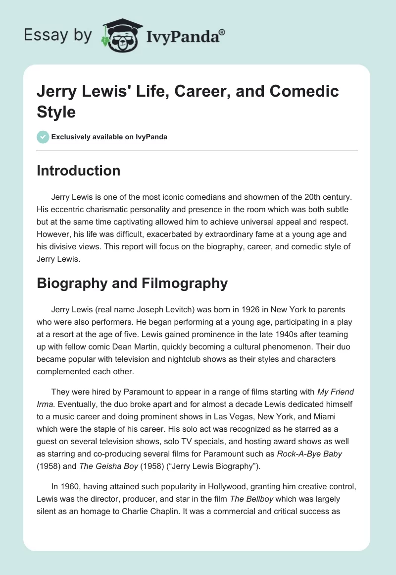 Jerry Lewis' Life, Career, and Comedic Style. Page 1