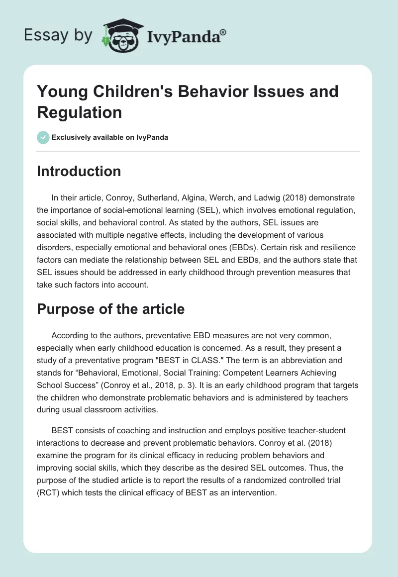 Young Children's Behavior Issues and Regulation. Page 1