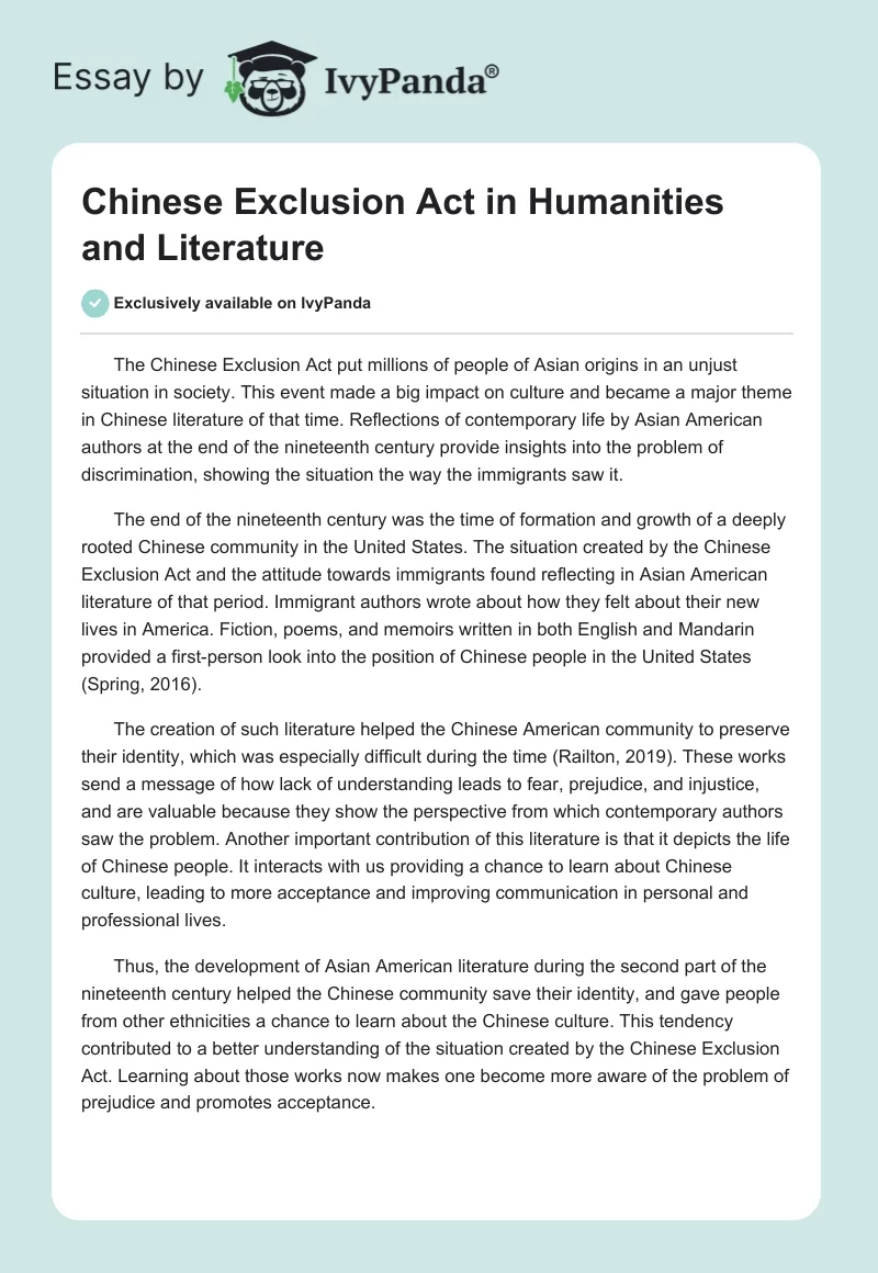 Chinese Exclusion Act in Humanities and Literature. Page 1