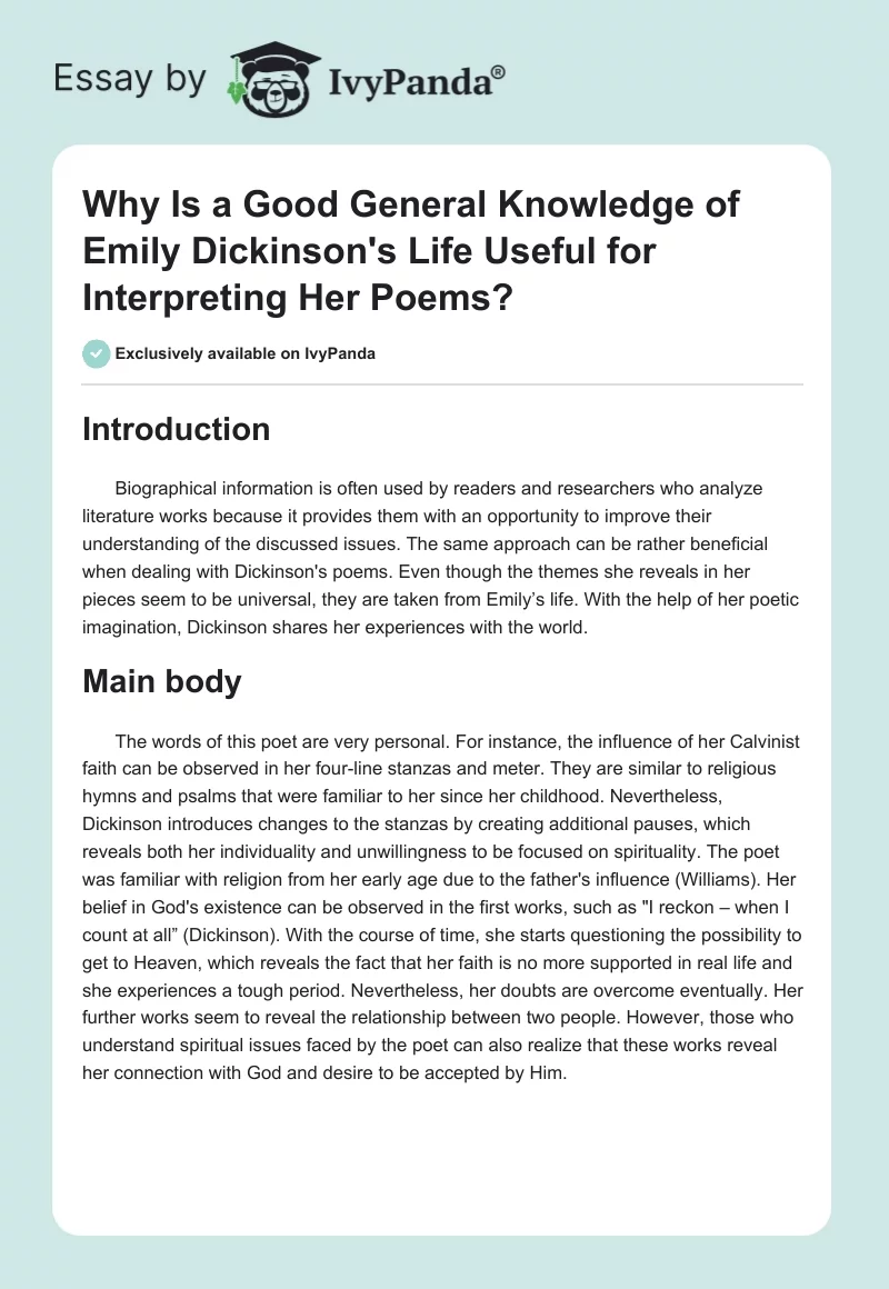 Why Is a Good General Knowledge of Emily Dickinson's Life Useful for Interpreting Her Poems?. Page 1