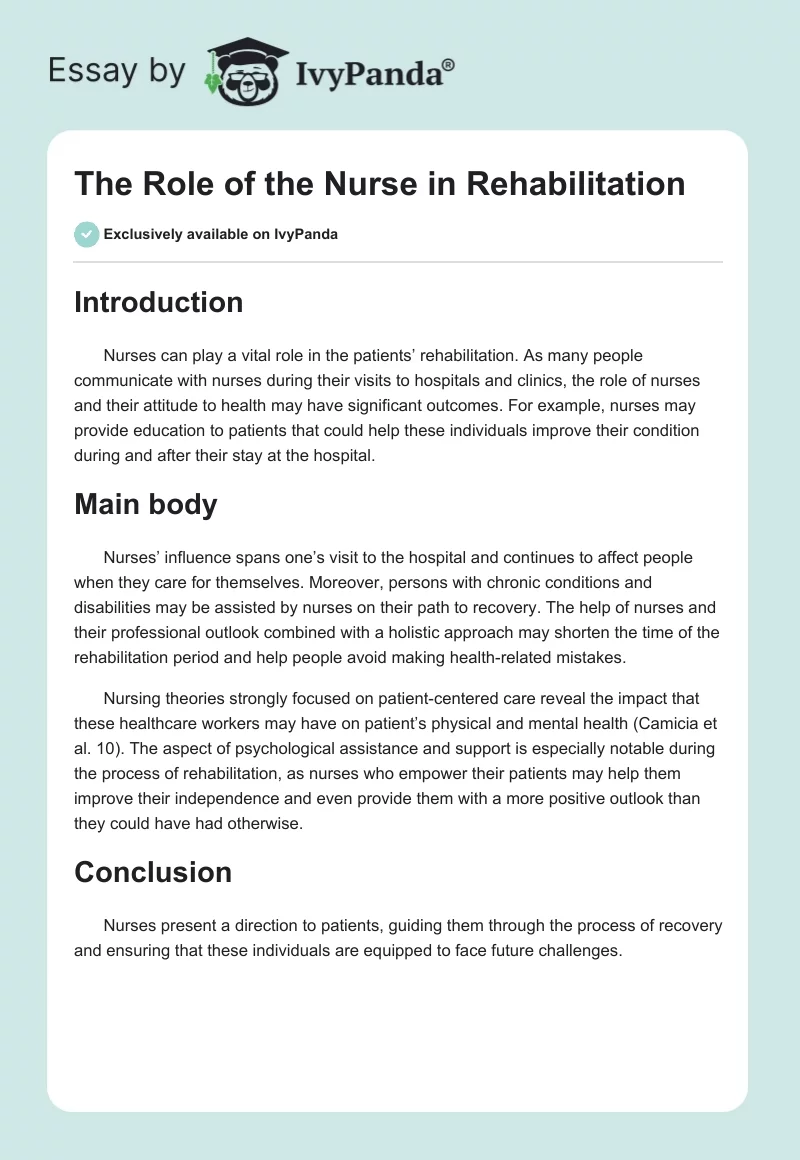 The Role of the Nurse in Rehabilitation. Page 1