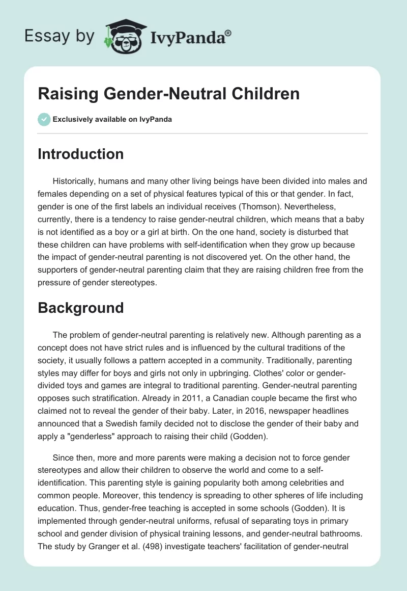 Raising Gender-Neutral Children - 1005 Words