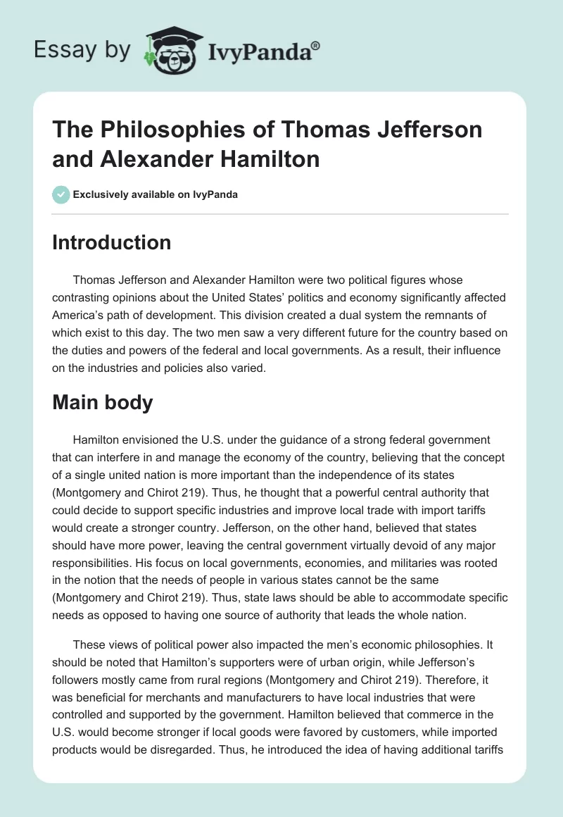 The Philosophies of Thomas Jefferson and Alexander Hamilton. Page 1