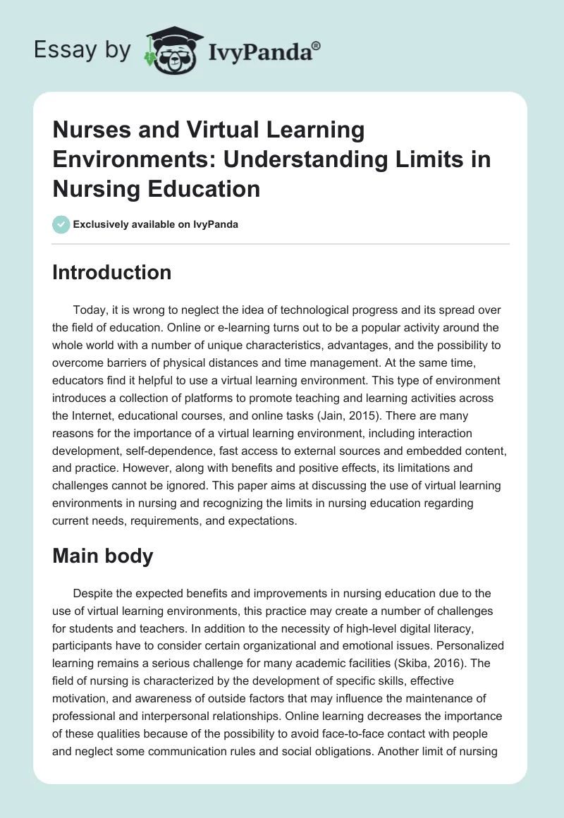 Nurses and Virtual Learning Environments: Understanding Limits in Nursing Education. Page 1