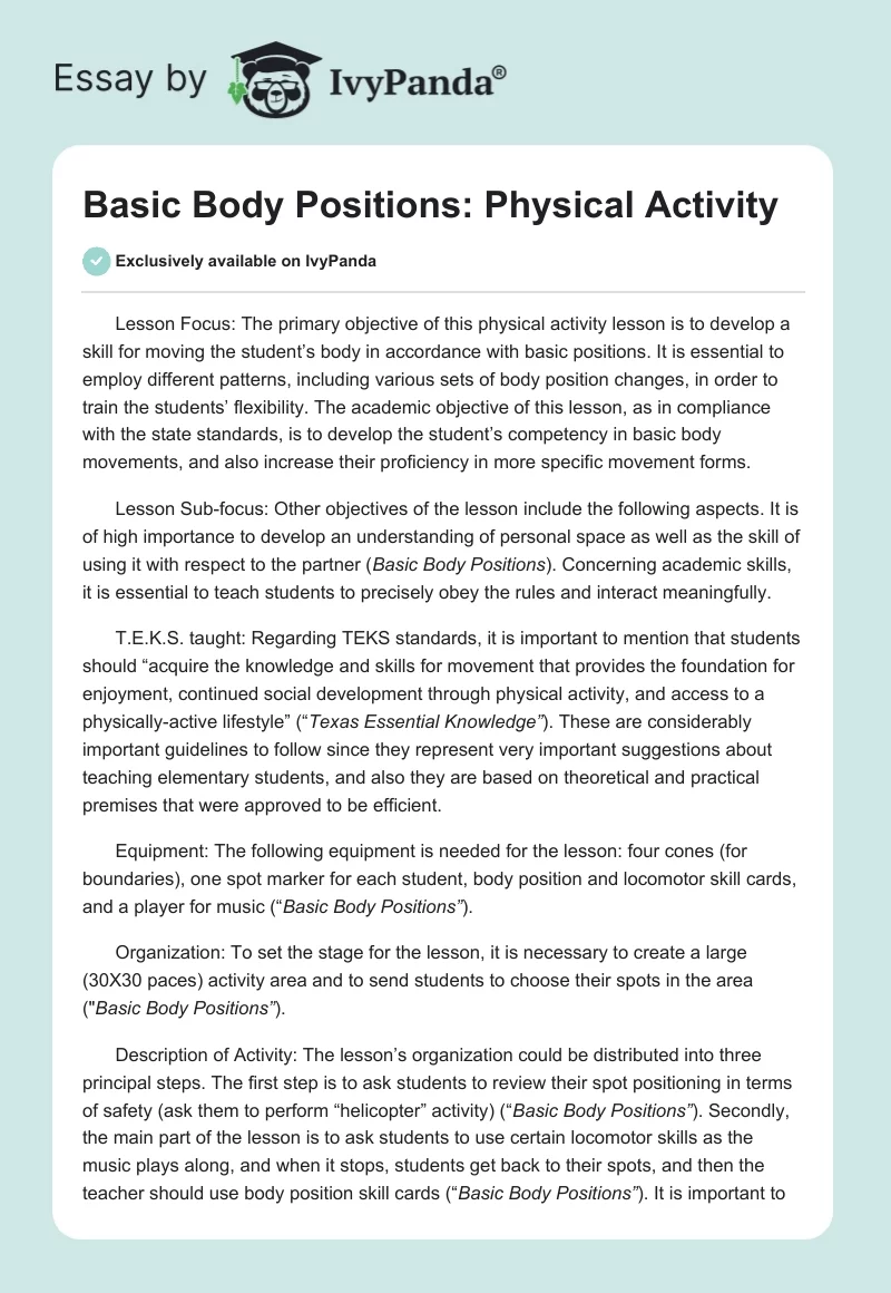 Basic Body Positions: Physical Activity. Page 1