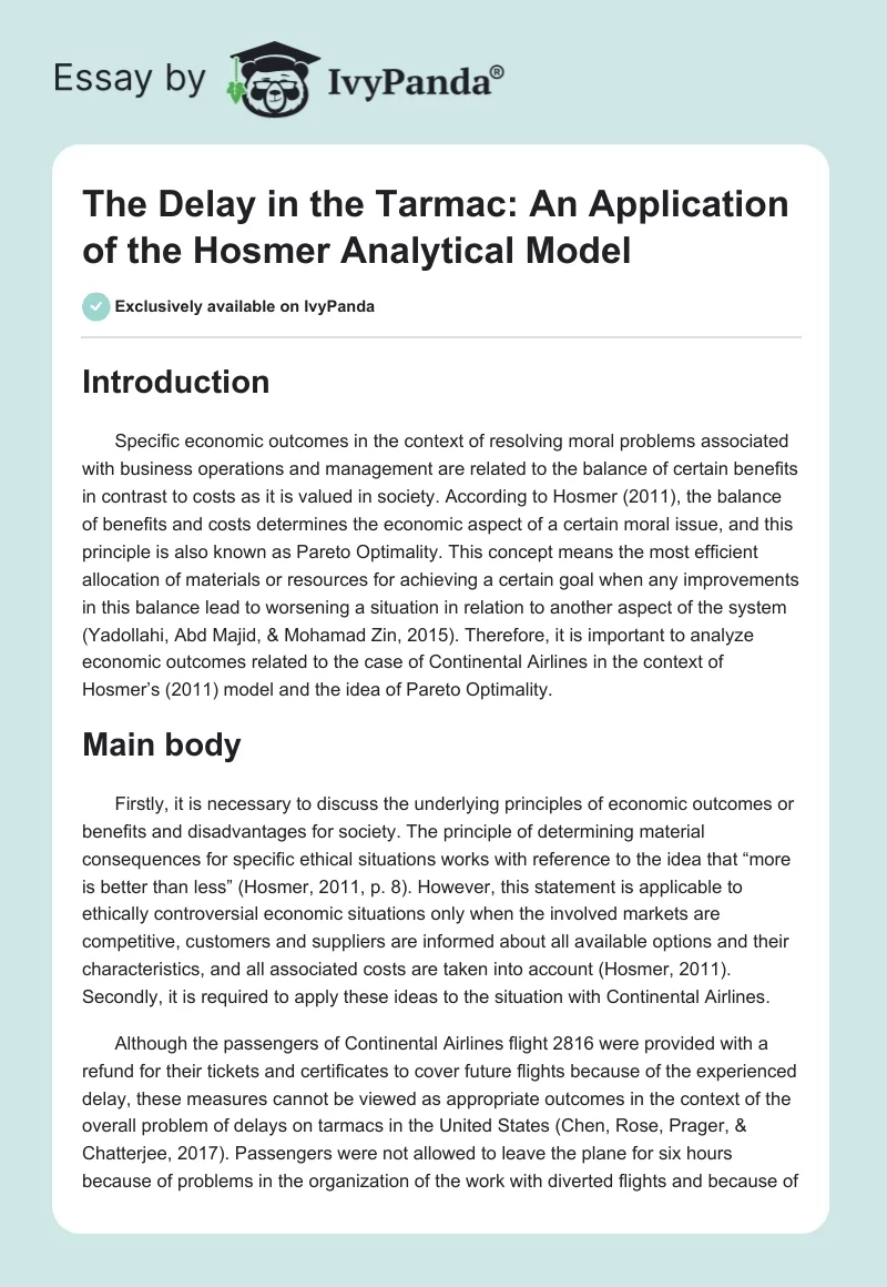 The Delay in the Tarmac: An Application of the Hosmer Analytical Model. Page 1