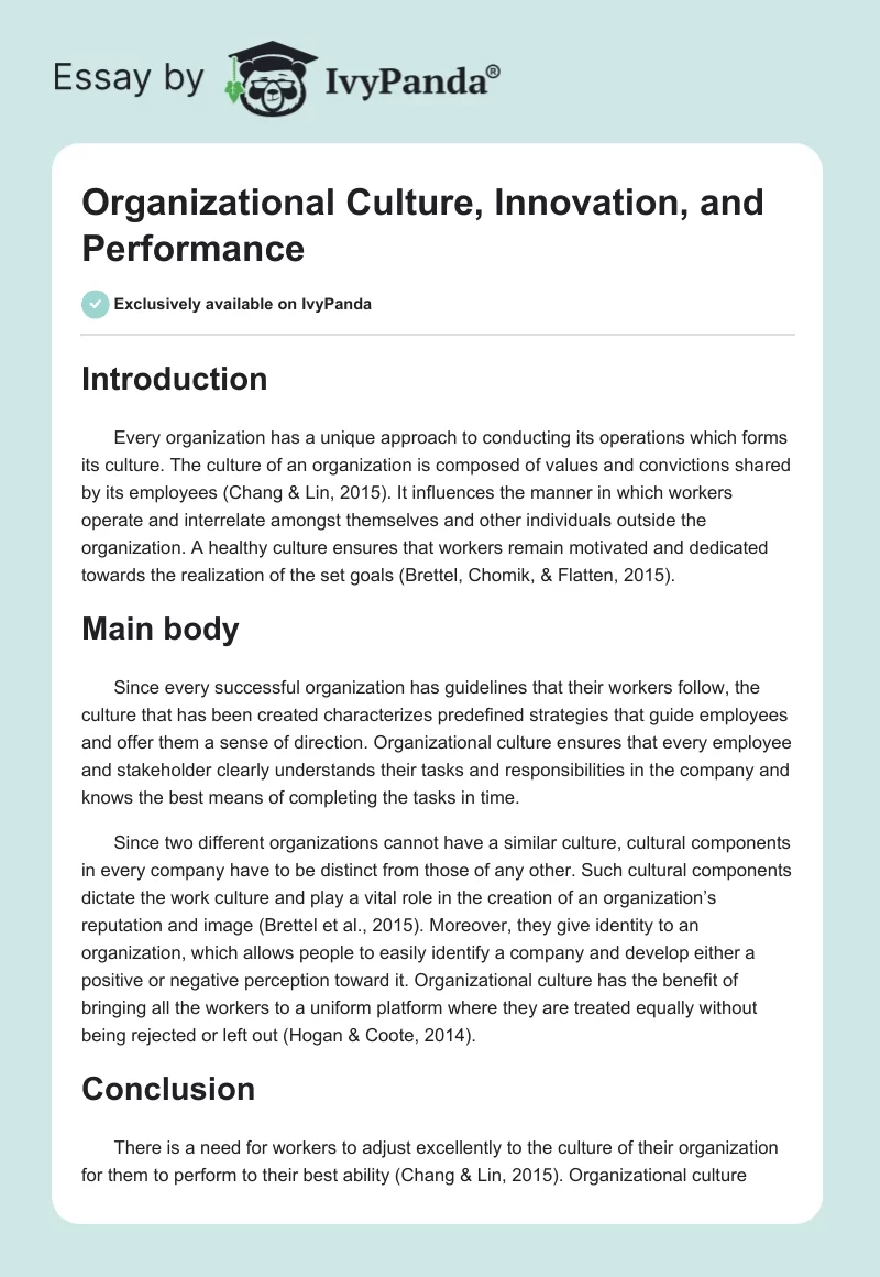 Organizational Culture, Innovation, and Performance. Page 1