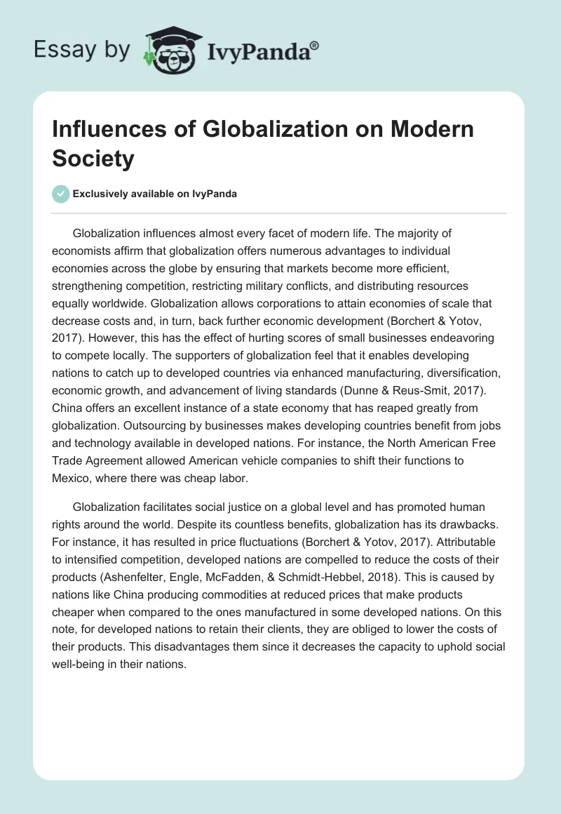 Influences of Globalization on Modern Society - 280 Words | Essay Example