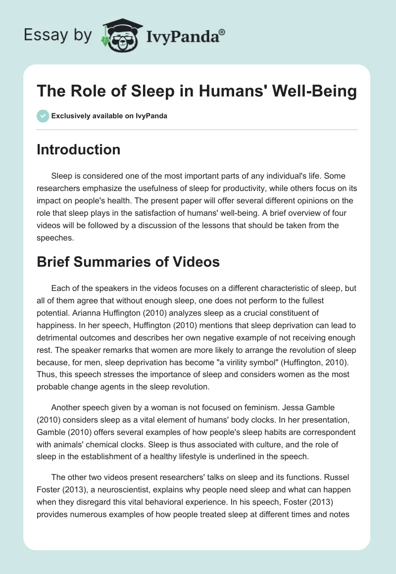 The Role of Sleep in Humans' Well-Being. Page 1