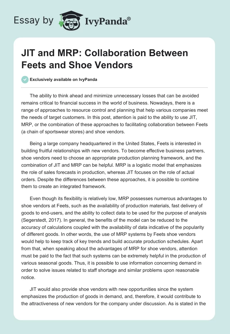 JIT and MRP: Collaboration Between Feets and Shoe Vendors. Page 1