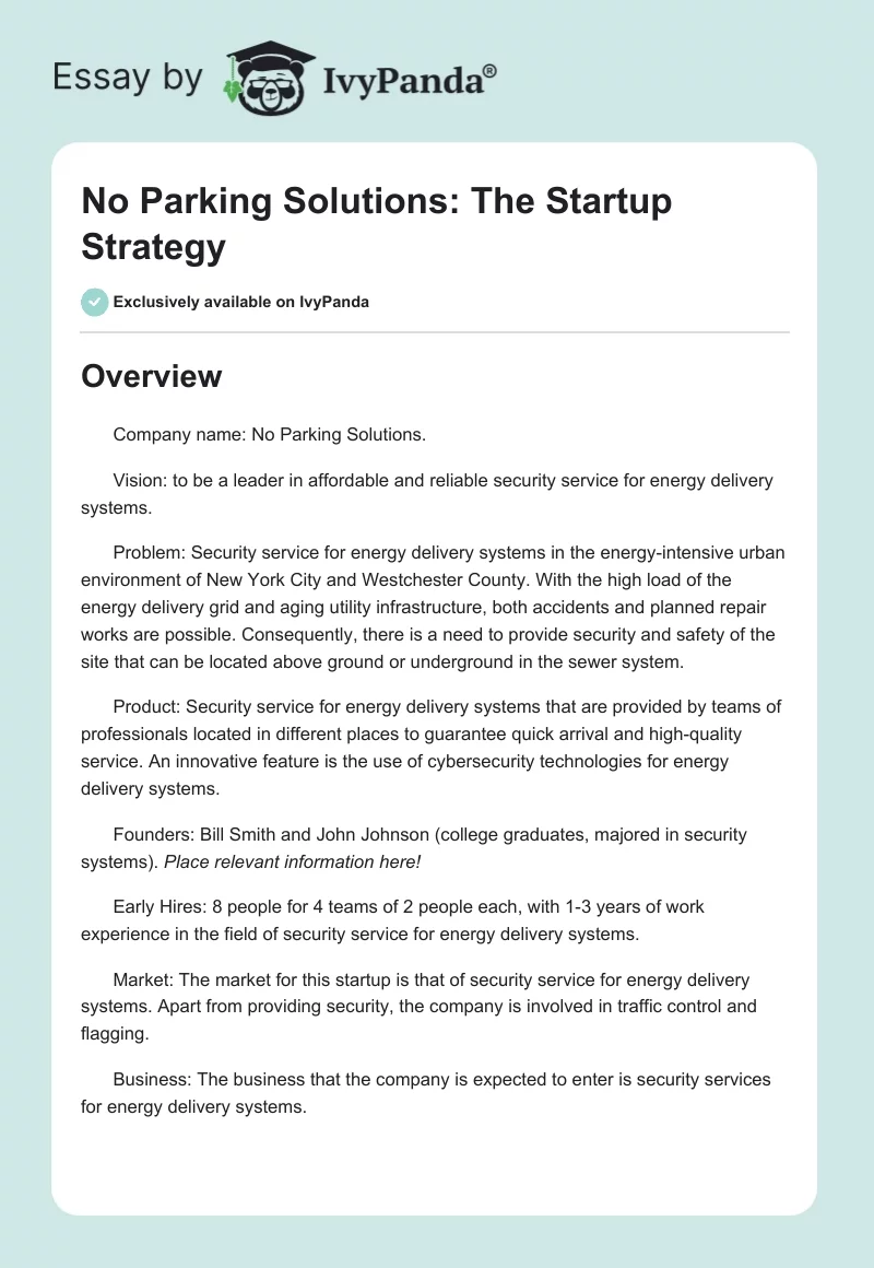 No Parking Solutions: The Startup Strategy. Page 1
